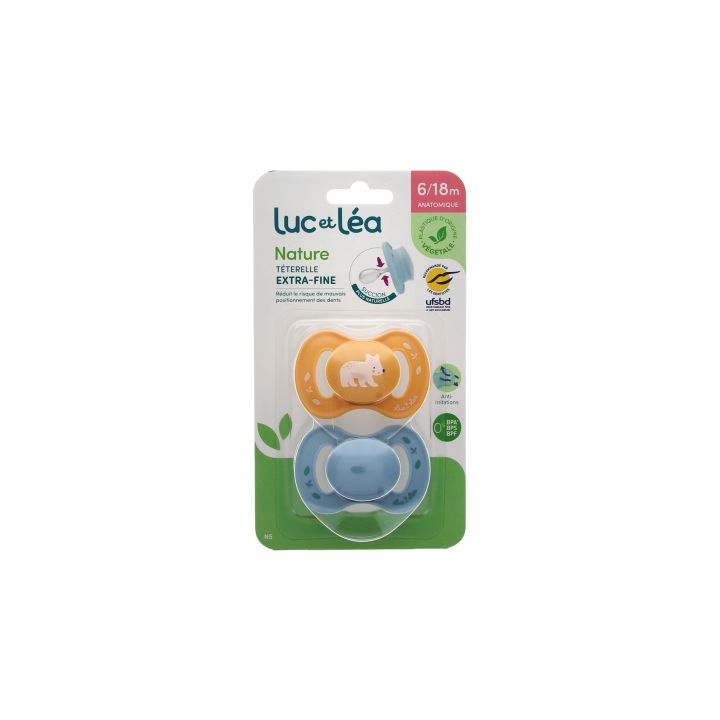 Nature sucettes anatomiques téterelle extra-fine 6-18 mois ours & bleu Luc et Léa - lot de 2 sucettes