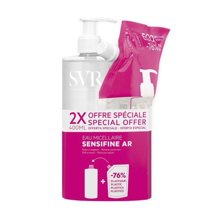 Sensifine AR eau micellaire peaux sensibles à rougeurs SVR - flacon-pompe de 400ml + recharge
