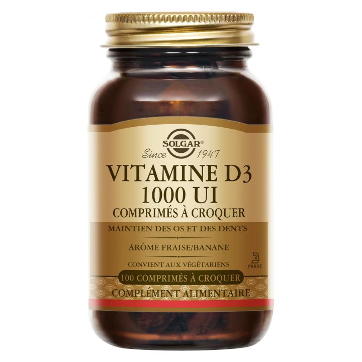 Vitamine D3 1000 UI Solgar - boîte de 100 comprimés à croquer