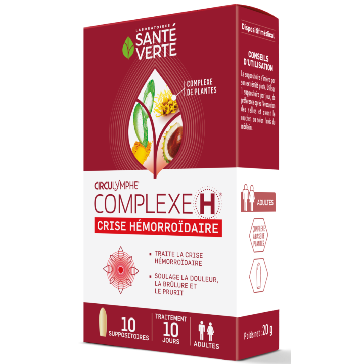 Circulymphe complexe H crise hémorroïdaire Santé verte - boite de 10 suppositoires