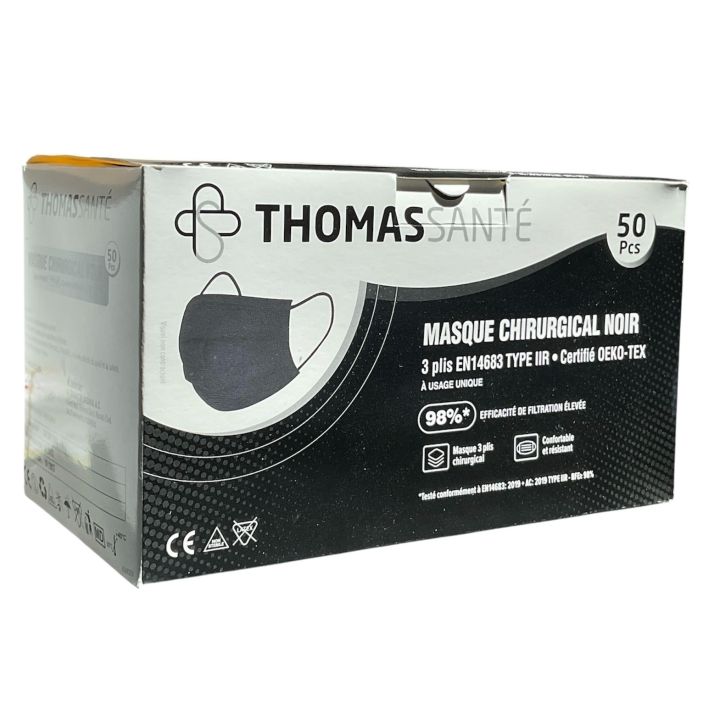 Masque chirurgical noir 3 plis Thomas Santé - 50 pièces 