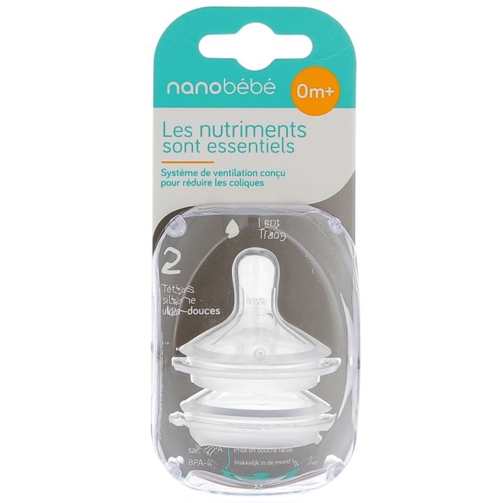 Tétines silicone ultra-douces 0m+ Lent Nanobébé - 2 tétines