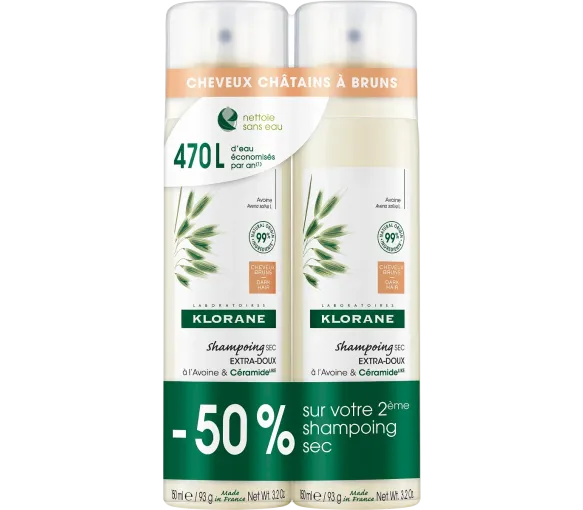 Shampoing sec extra-doux teinté cheveux châtains à bruns Klorane - lot de 2 sprays de 150ml