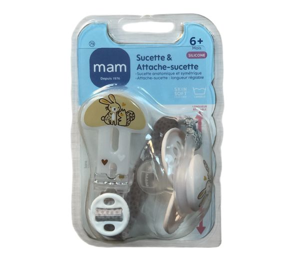 Sucette & attache-sucette silicone 6 mois+ Mam - attache sucette + sucette - beige