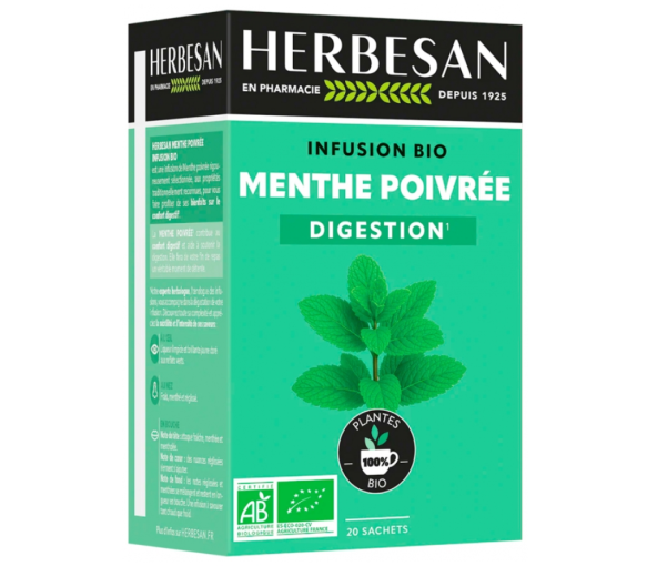 Infusion confort digestif menthe poivrée bio Herbesan - boîte de 20 sachets