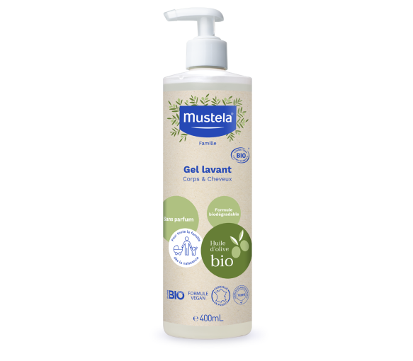 Gel lavant corps et cheveux sans parfum bio Mustela - flacon-pompe de 400 ml - image 1