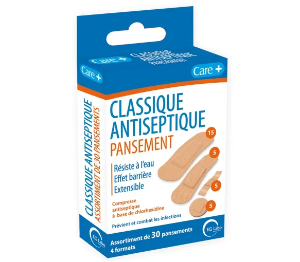 Pansements classiques antiseptiques 4 formats Care+ EG Labo - boite de 30 pansements