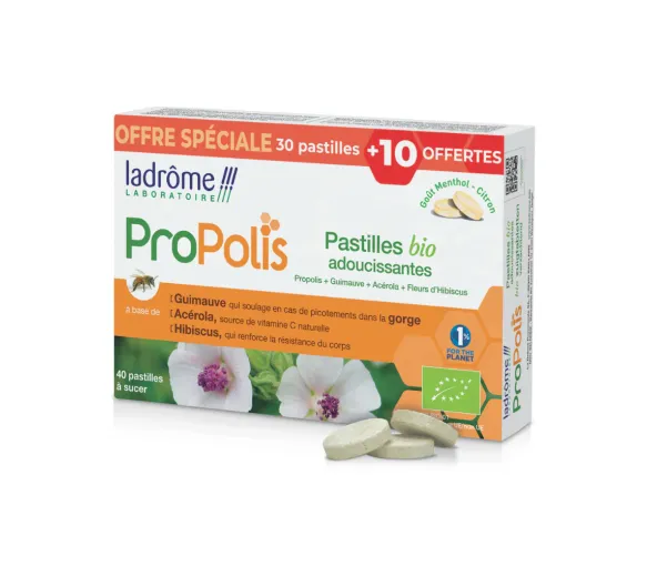 Pastilles adoucissantes à la propolis BIO Ladrôme - boite de 30 pastilles + 10 offfertes