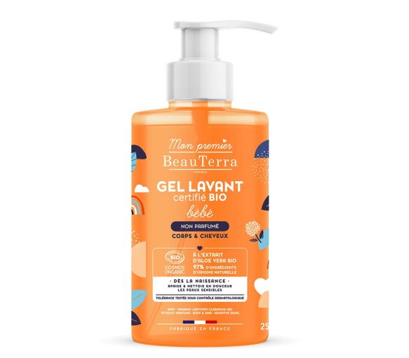 Gel lavant bébé bio peaux sensibles corps et cheveux sans parfum Mon premier Beauterra - flacon-pompe de 750ml