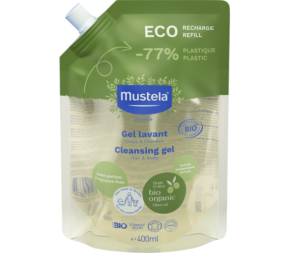 Gel lavant corps et cheveux sans parfum bio Mustela - éco-recharge de 400 ml - image 1
