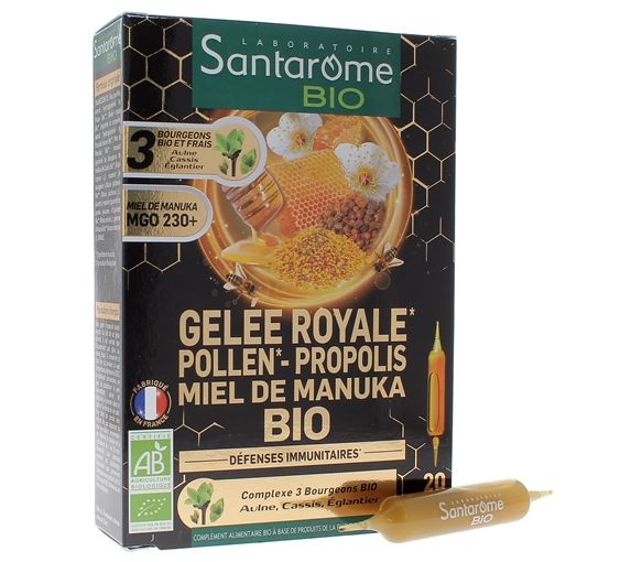 Gelée royale pollen propolis miel de Manuka bio Santarome - boîte de 20 ampoules