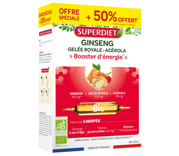Ginseng gelée royale et acérola Bio Super Diet - boite de 20 ampoules + 10 ampoules offertes - image 1