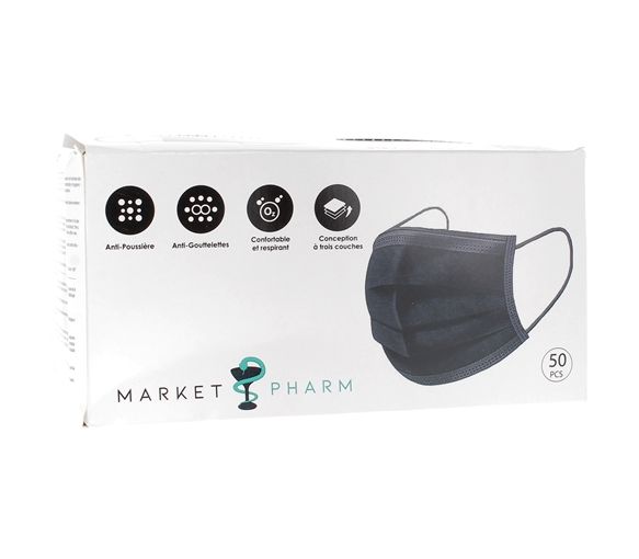 Masques chirurgicaux 3 plis type IIR noirs - boîte de 10 masques