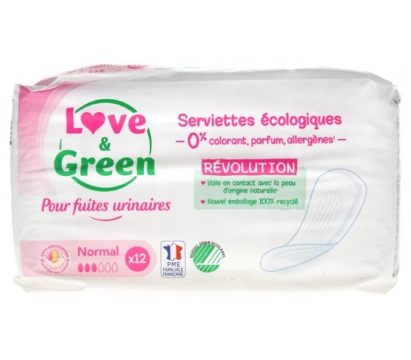 Serviettes écologiques fuites urinaires normal Love & Green - sachet de 12 serviettes