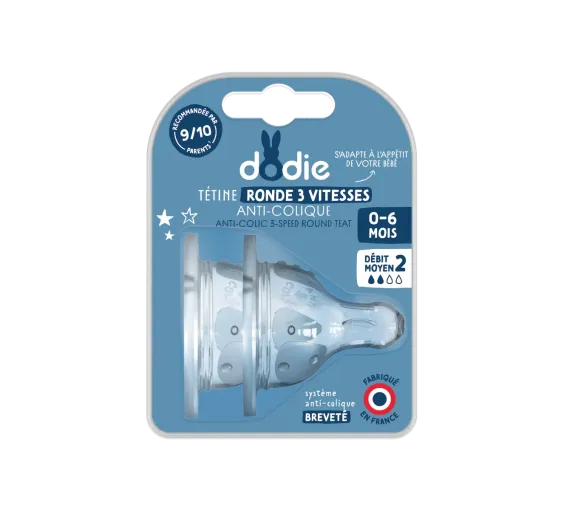 Tétine ronde 3 vitesses anti-colique col large 0-6 mois débit 2 Dodie - 2 tétines - image 1