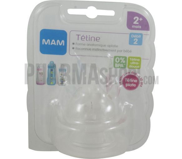 Tétine plate débit 2 moyen 2 mois + Mam - 2 tétines