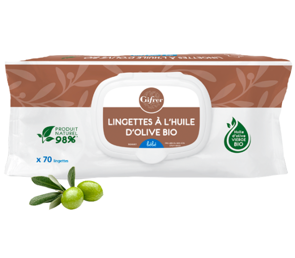 Lingettes nettoyantes à l'huile d'olive vierge Gifrer - paquet de 70 lingettes