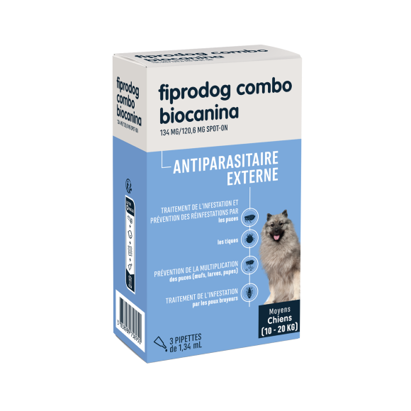 Fiprodog combo 134 mg/120,6 mg antiparasitaire externe moyens chiens (10-20kg) Biocanina - boîte de 3 pipettes de 1,34ml