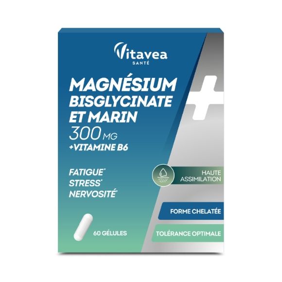 Magnésium bisglycinate & marin 300ml + vitamine B6 Vitavea - boîte de 60 gélules