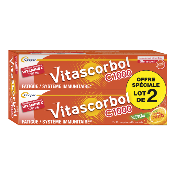 Vitascorbol C1000 vitamine C Cooper - lot de 2 boîtes de 20 comprimés effervescents