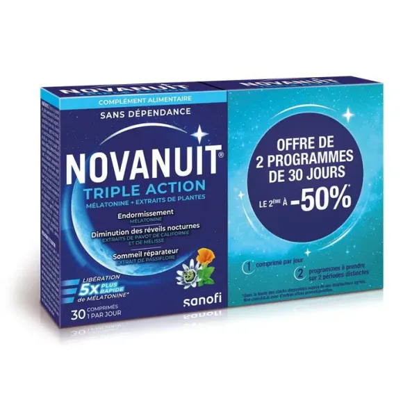 Novanuit triple action Sanofi - lot de 2 boîtes de 30 comprimés offre spéciale