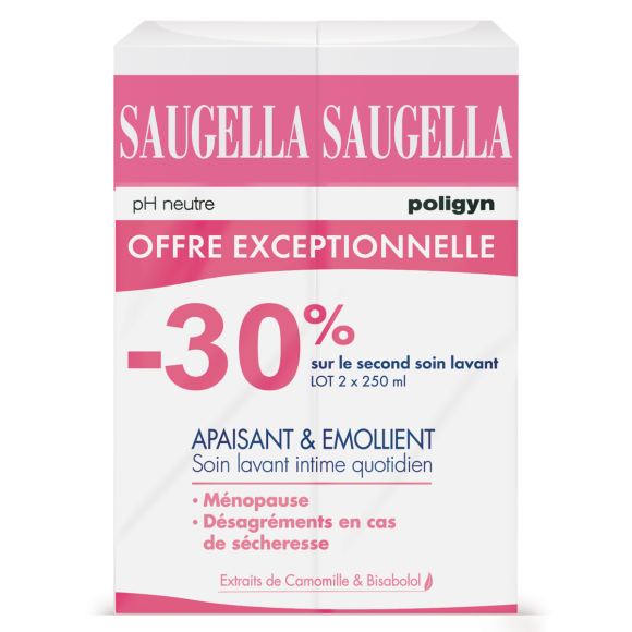 Soin lavant intime quotidien apaisant et émollient Saugella - lot de 2 flacons de 250 ml