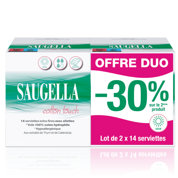 Cotton Touch Serviettes extra-fines avec ailettes jour Saugella - lot de 2 boîtes de 14 serviettes