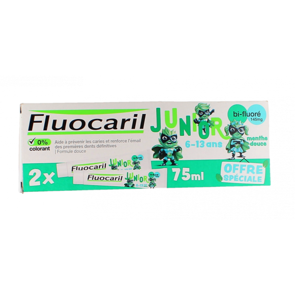 Dentifrice junior 6-13 ans arôme menthe douce Fluocaril - lot de 2 tubes de 75 ml