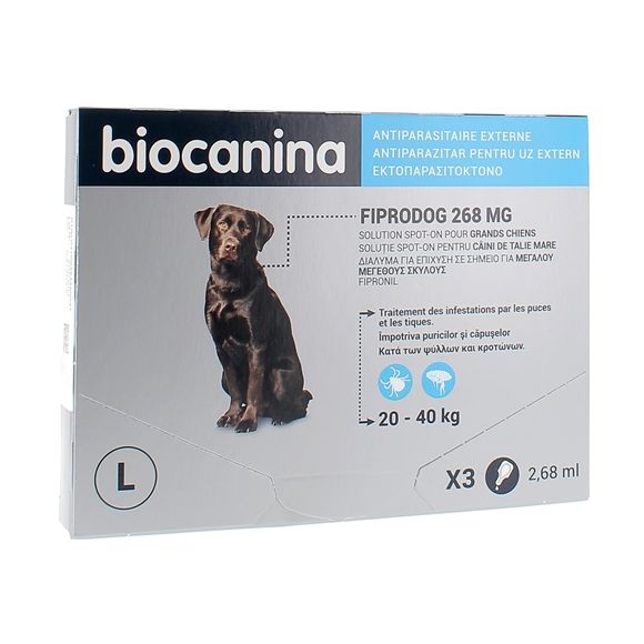 Fiprodog Spot on 268 mg grand chien 20-40 kg Biocanina - boîte de 3 pipettes