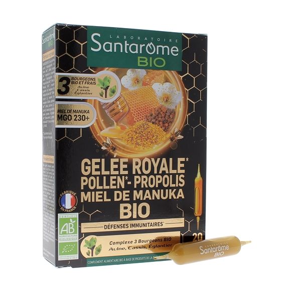 Gelée royale pollen propolis miel de Manuka bio Santarome - boîte de 20 ampoules