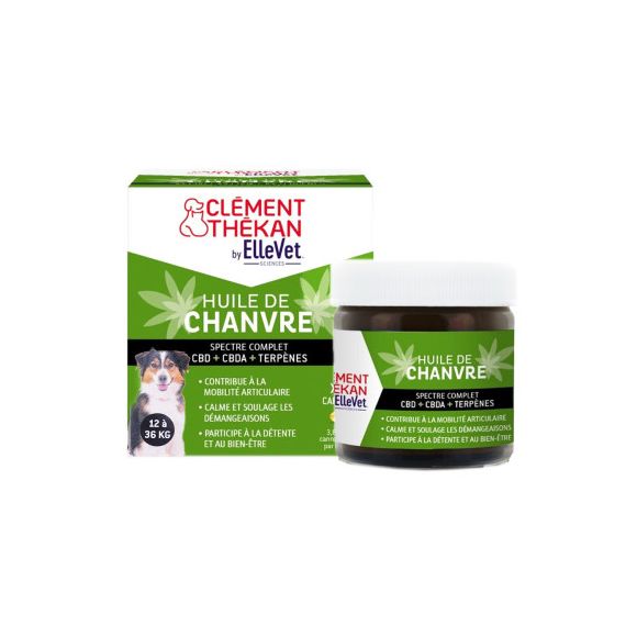 Huile de chanvre chiens 12 à 36kg Clément Thékan - pot de 45 capsules