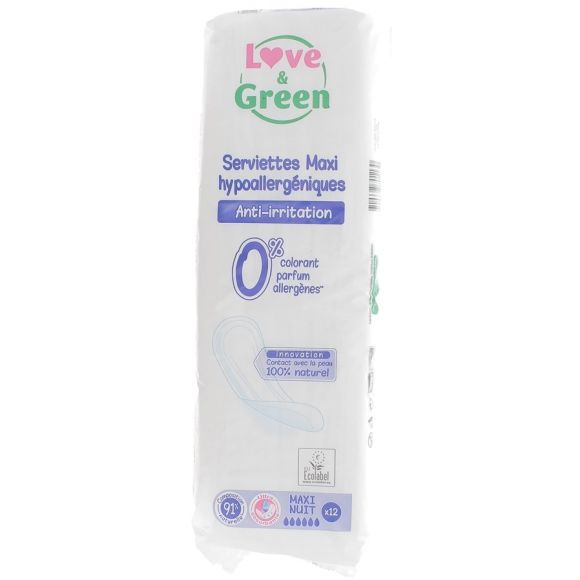 Serviettes anti-irritations maxi nuit Love & Green - 12 serviettes