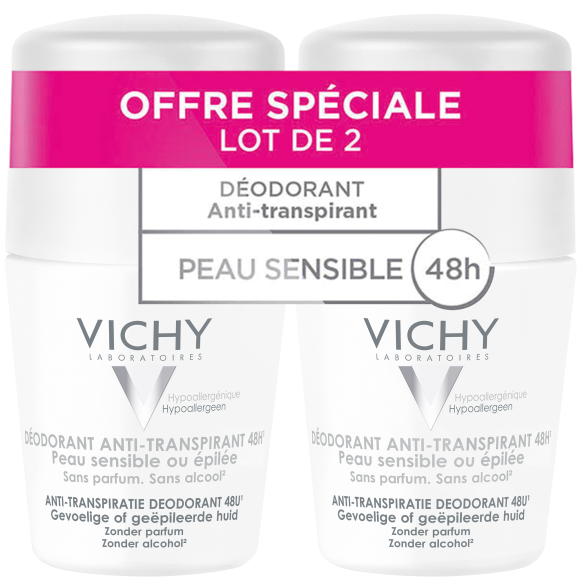Déodorant anti-transpirant 48h peau sensible ou épilée Vichy - lot de 2 Roll-on bille de 50 ml