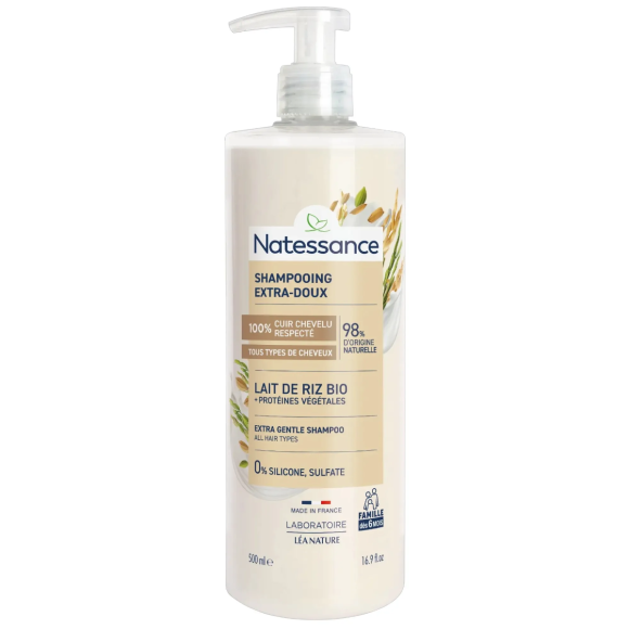 Shampooing extra-doux lait de riz bio Natessance - flacon-pompe de 500ml