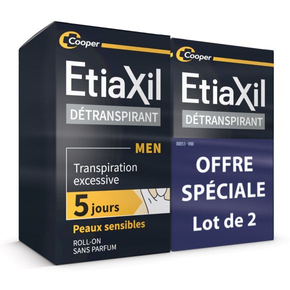Détranspirant Men homme aisselles peau sensible Etiaxil - lot de 2 roll-on de 50 ml