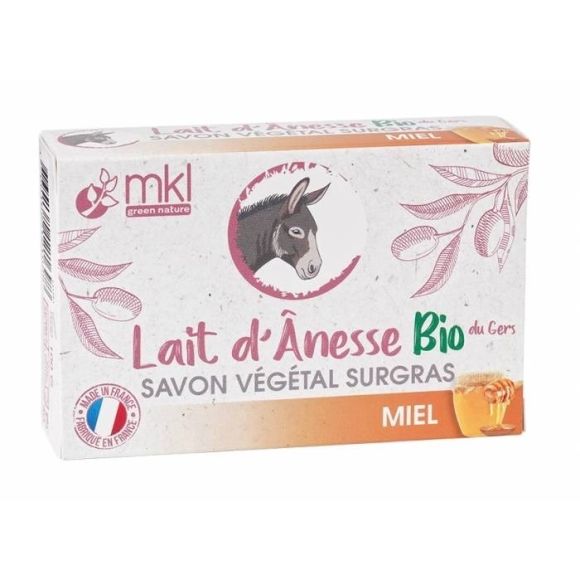 Savon végétal surgras au lait d'ânesse bio Miel MKL Green Nature - pain de 100g
