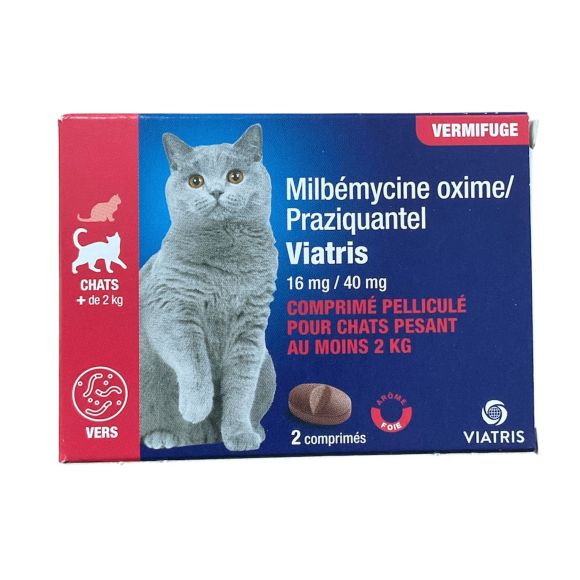 Milbémycine Praziquantel Vermifuge chat +2kg arôme foie Viatris - boite de 2 comprimés