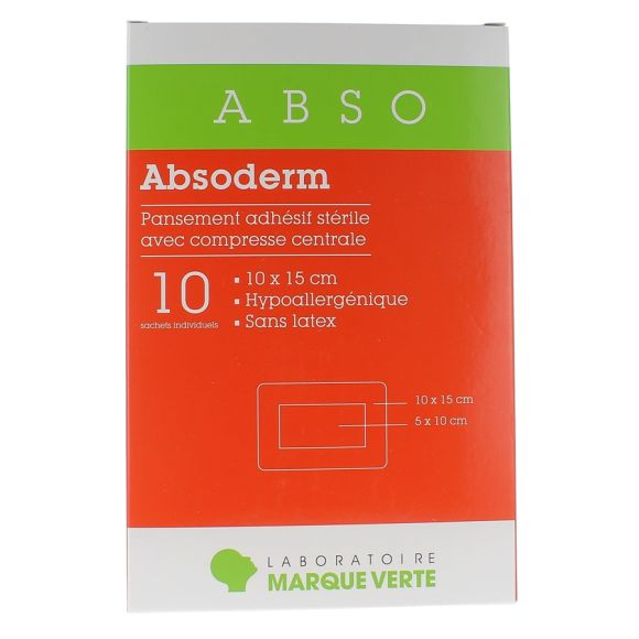 Absoderm Pansements adhésifs stériles avec compresse centrale 10x15cm Marque verte - boîte de 10 sachets individuels