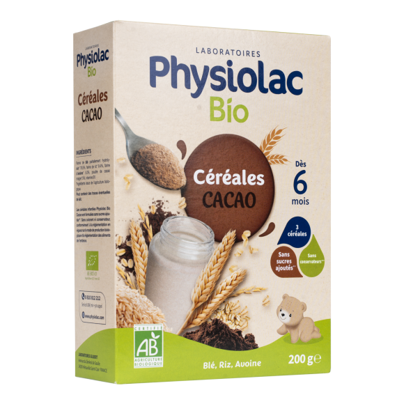 Physiolac Céréales bio cacao dès 6 mois Gilbert - boite de 200 g