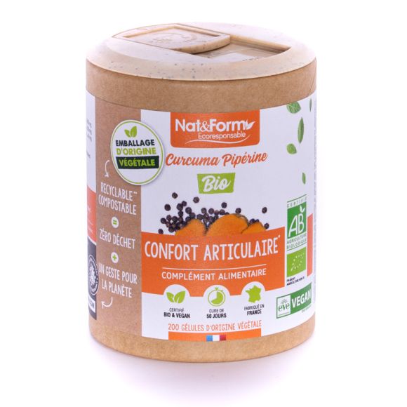 Curcuma piperine Bio Ecoresponsable Nat&Form - boite de 200 gélules