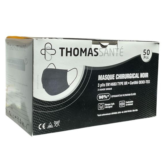 Masque chirurgical noir 3 plis Thomas Santé - 50 pièces 